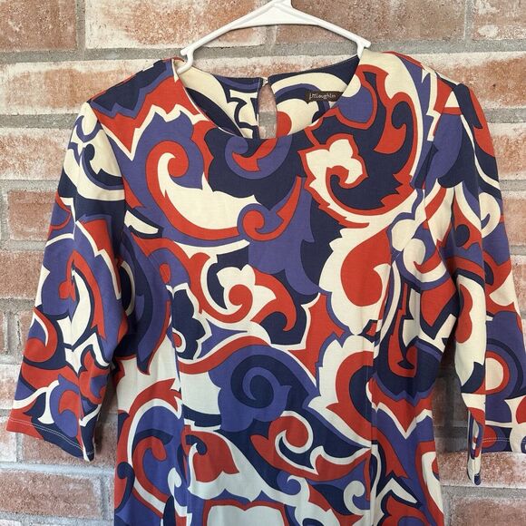 J. McLaughlin Abstract Swirl Print Midi Shift Dress Half Sleeve Pockets Small - Picture 2 of 9